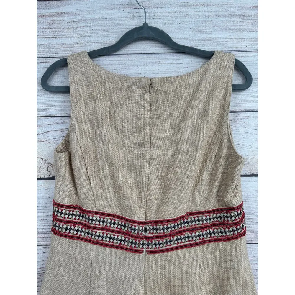 Tory Burch Woven Silk BOHO Midi‎ Dress Womens 8 Beige Red Lined Split Hem